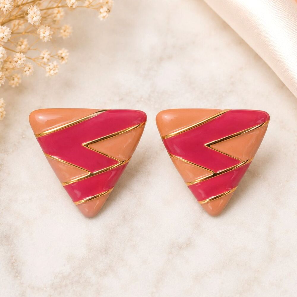 Vintage Pink Peach Enamel Triangle Clip On Earrings Gold Tone Retro